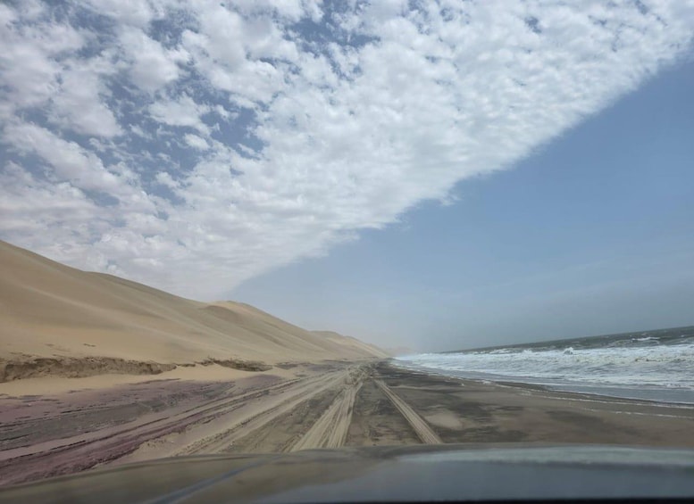 A desert road leading to a beach with sand dunes and ocean waves. 1