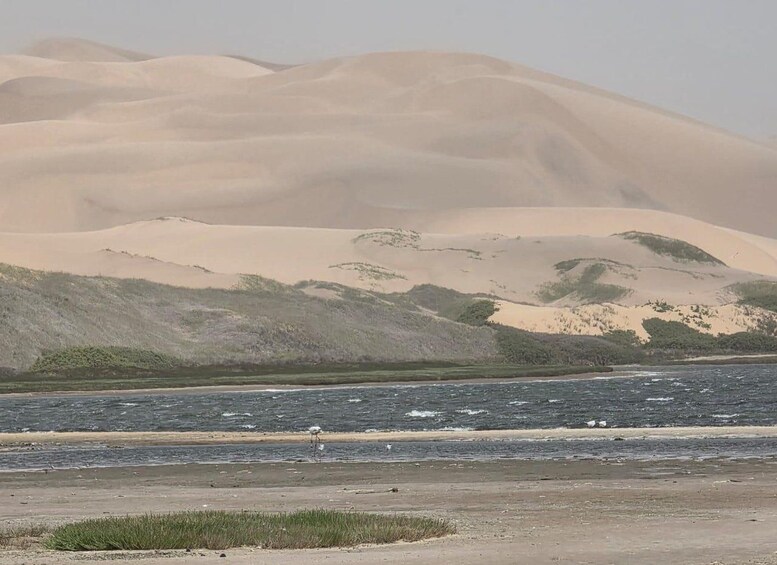 A desert landscape with sand dunes and a body of water. 5