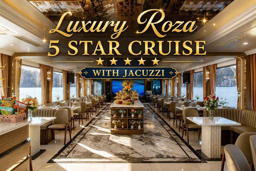 A luxurious dining area with a central floral display, tables, and chairs arranged for a cruise. 5