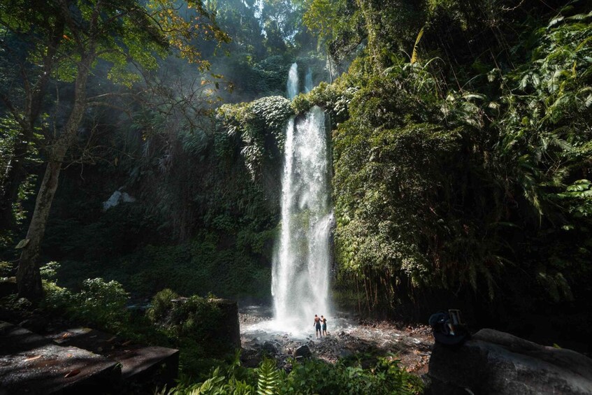 A waterfall in a dense forest with two people standing at the base. 1
