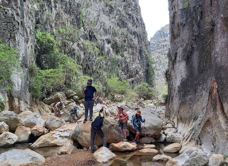 Hikers navigating a rocky canyon with large boulders and a stream. 3