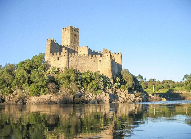A medieval castle on a hill overlooking a calm river. 1