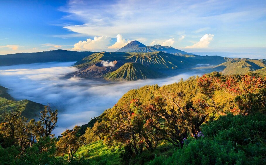 A mountain landscape with a prominent volcano, lush greenery, and a valley below. 1