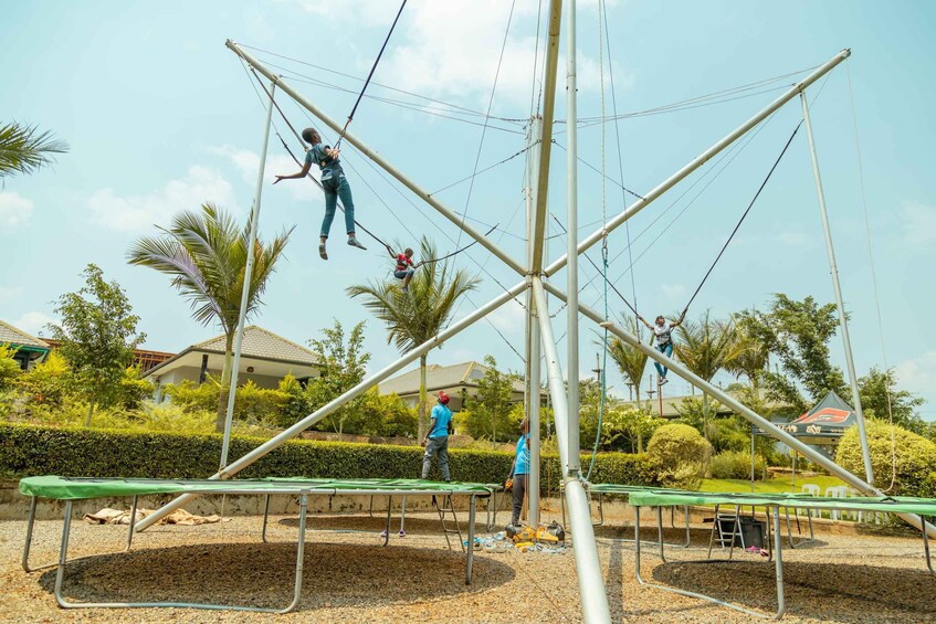 A trapeze park with people performing aerial stunts. 3