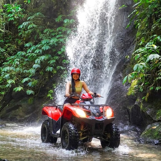 A person riding an ATV through a waterfall in a forested area. 1
