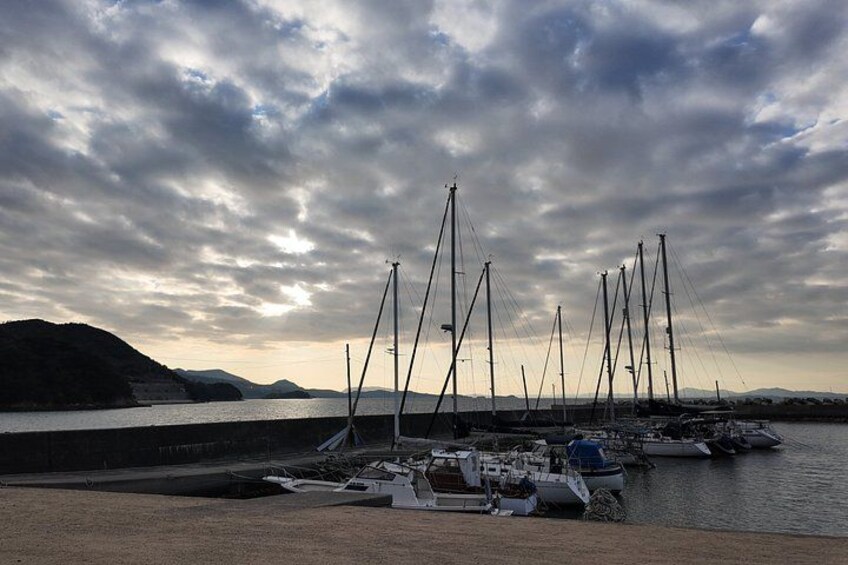 A marina with sailboats docked, a calm body of water, and a hilly landscape in the background. 2