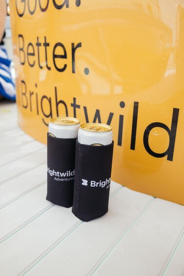 Two cans of Bright Wild beer in front of a yellow sign with the words "Good. Better. Bright Wild." 5