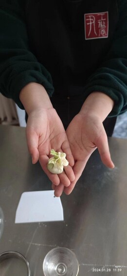 A person holding a small white vegetable in their hands. 3