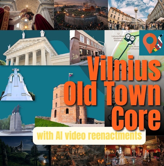 A collage of Vilnius Old Town with AI video reenactments, including historical architecture and landmarks. 1