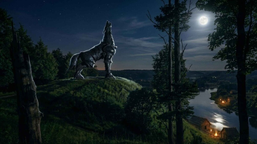 A wolf statue on a hill, a river, and a full moon in the night sky. 3