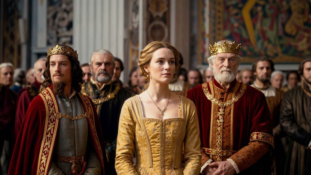 A group of individuals in historical attire, standing in a grand hall with ornate decorations. 5