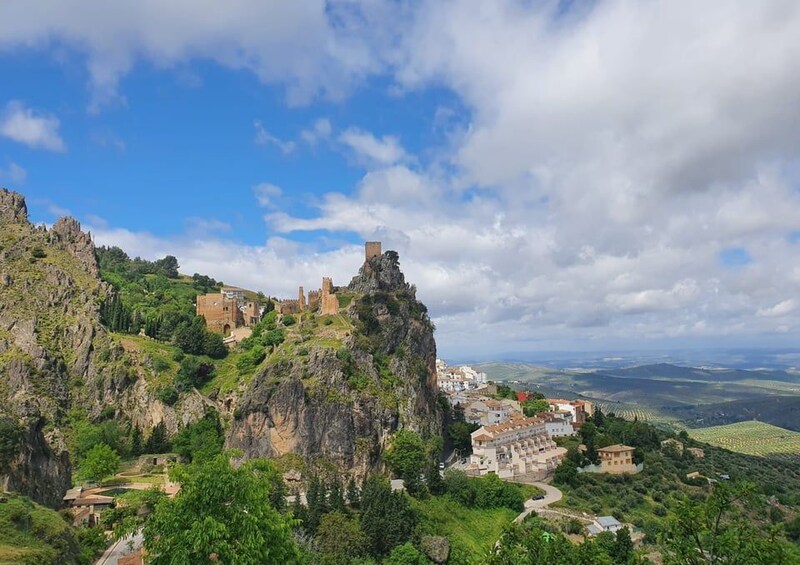 A historic castle on a hill, lush greenery, and a winding road. 3
