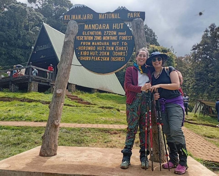 A sign at Kilimanjaro National Park indicating Mandara Hut's elevation and distances to other huts. 2