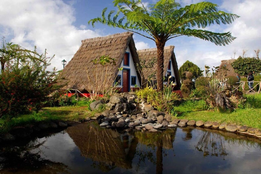 Traditional thatched-roof houses, a small pond, and lush greenery. 1