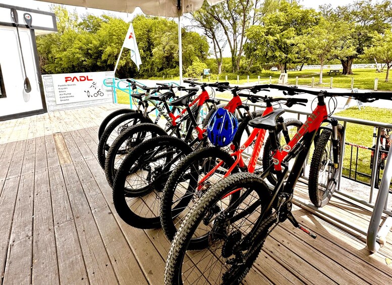 A row of bicycles parked on a wooden deck with a sign advertising paddle boards, kayaks, bikes, air pumps, cold drinks, and snacks. 3