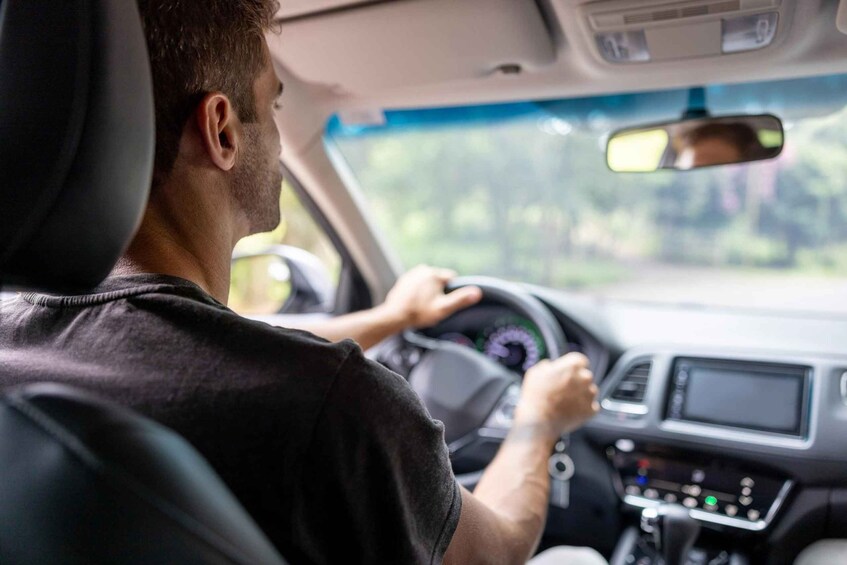 A person driving a car with a visible dashboard and steering wheel. 4