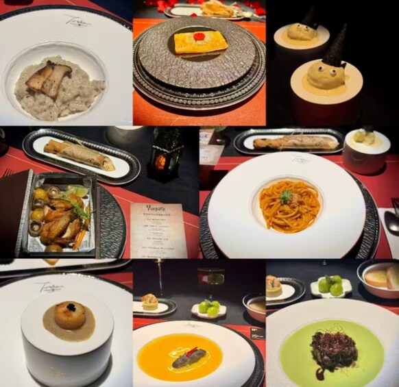 A variety of plated dishes, including seafood, pasta, and desserts, arranged on a table with a menu. 3