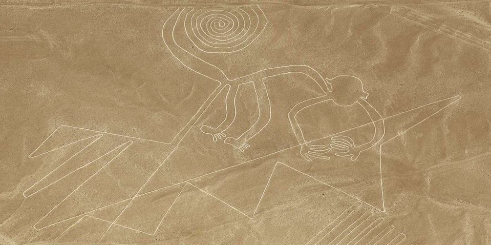 A desert landscape with ancient petroglyphs, including a spiral and geometric shapes. 2
