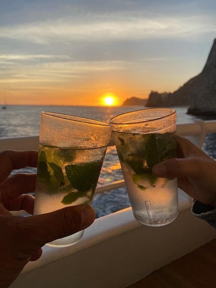 Two glasses of a beverage with mint leaves, held by hands against a sunset over the ocean. 1
