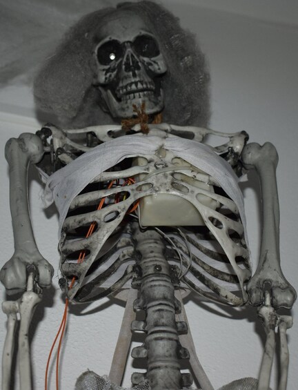 A skeleton with a skull head, wires, and a white cloth. 4