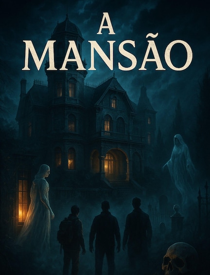 A haunted house with a ghostly figure and a skull. 1