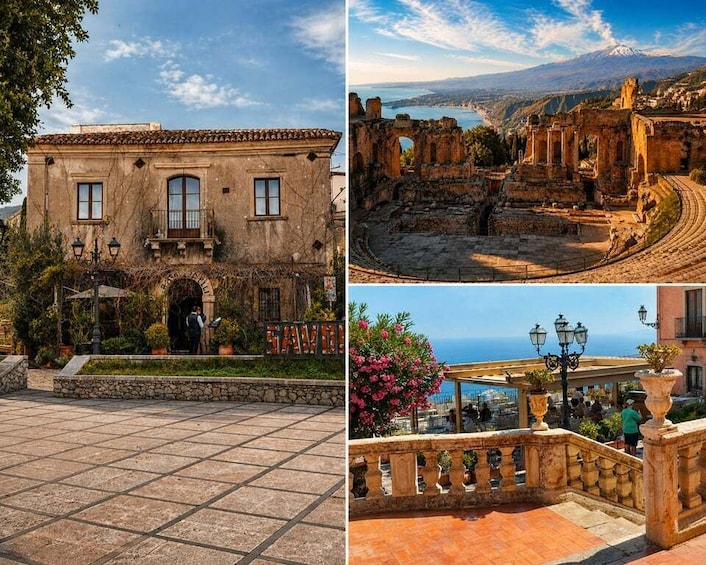 A historic building with a tiled entrance, an ancient amphitheater, and a scenic overlook with a view of the sea. 1