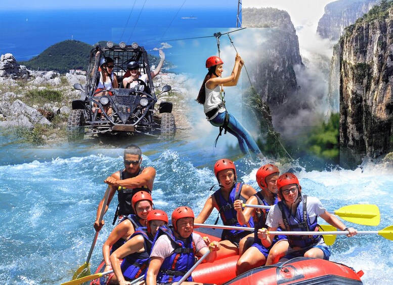 A group rafting down a river, a cable car, and a person zip-lining over a waterfall. 1