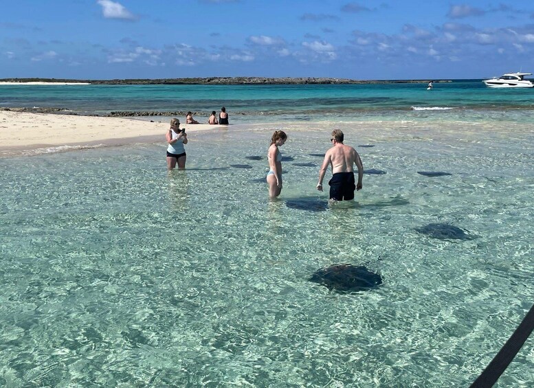 People wading in shallow clear water at a beach with a boat in the background. 1