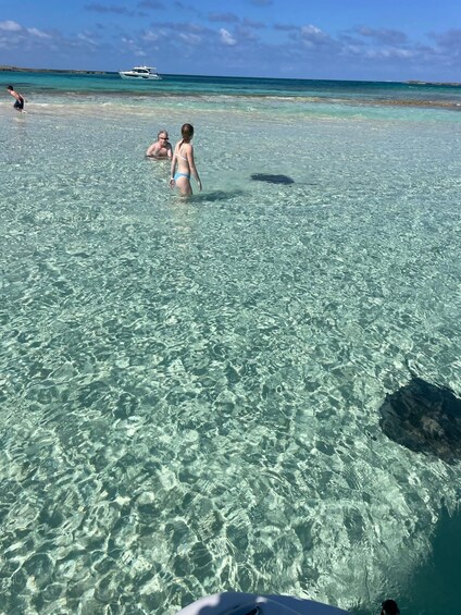 A clear turquoise sea with people in the water and a boat in the distance. 3
