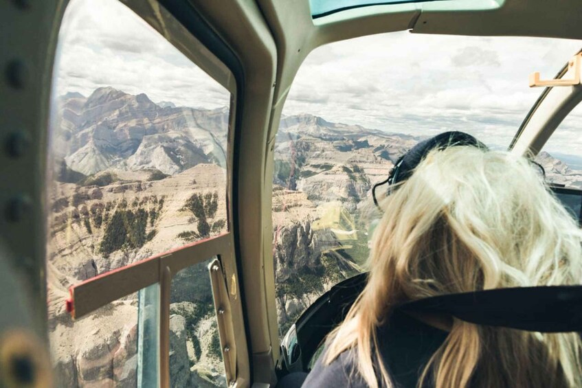 A person in a helicopter cockpit overlooking a mountainous landscape. 1