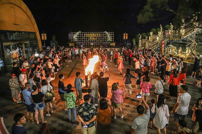 A crowd gathered around a fountain with a fire display at night. 5