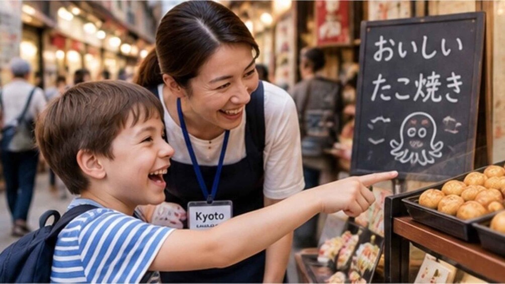 A person pointing at a display of food items with a sign in Japanese. 5
