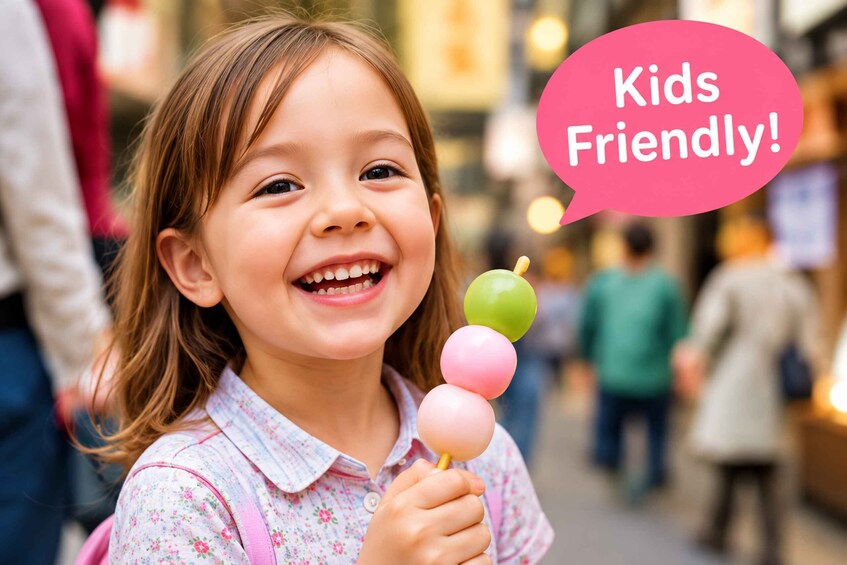 A child holding a lollipop with a speech bubble saying 'Kids Friendly!' 2