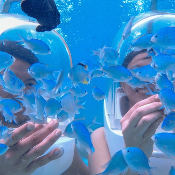 People in a large aquarium surrounded by blue fish. 5