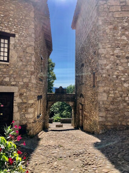 An old stone building with a cobblestone path leading through an archway. 4