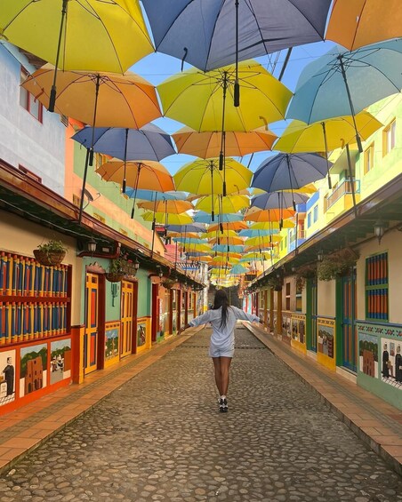A cobblestone street lined with colorful buildings and hanging umbrellas. 1