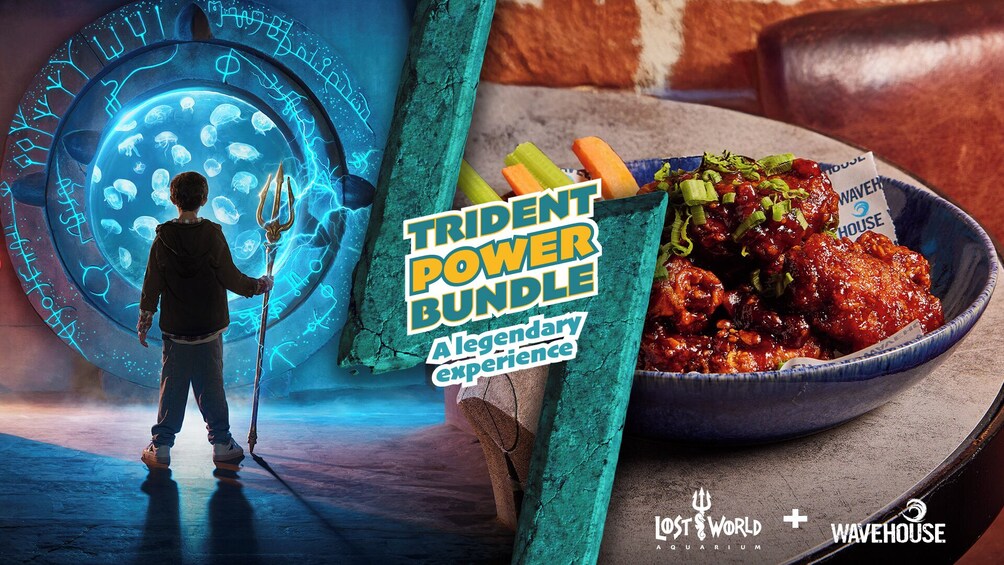 A promotional graphic for a 'Trident Power Bundle' at Lost World Aquarium and Wavehouse. 1