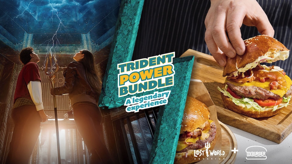 A Trident Power Bundle advertisement featuring a burger and a fantasy-themed background. 2