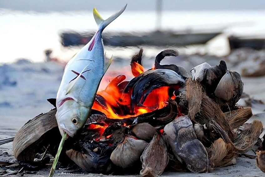 A fish on fire with a pile of wood and shells. 4