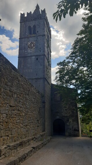 A stone tower with a pointed roof, a stone wall, and a tree. 2