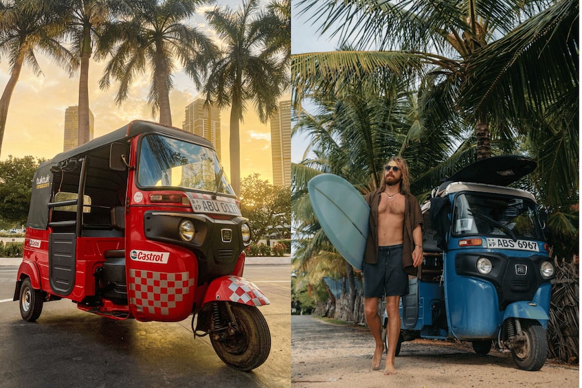 A red auto-rickshaw parked on a road with palm trees in the background. 1