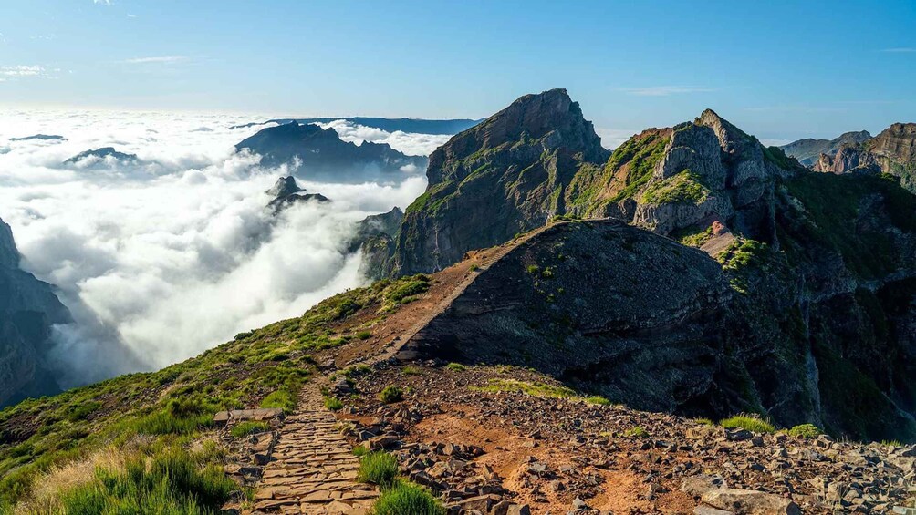 A mountain trail with rocky terrain and lush greenery, surrounded by towering cliffs and a sea of clouds below. 2