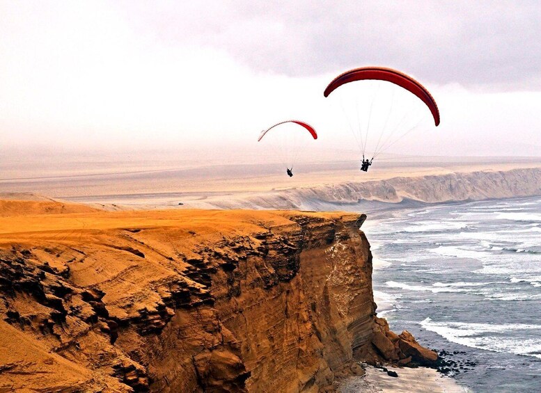 A cliff overlooking a beach with two paragliders in the distance. 3