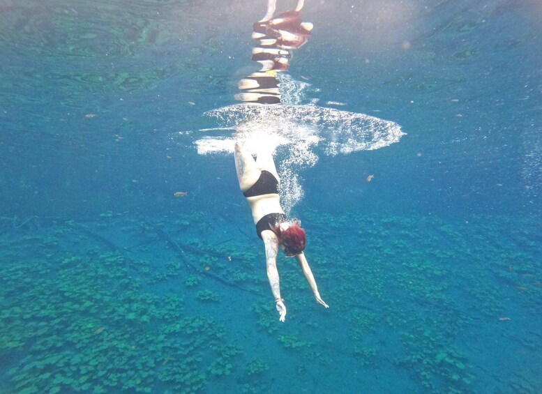 A person swimming underwater with a surfboard. 3
