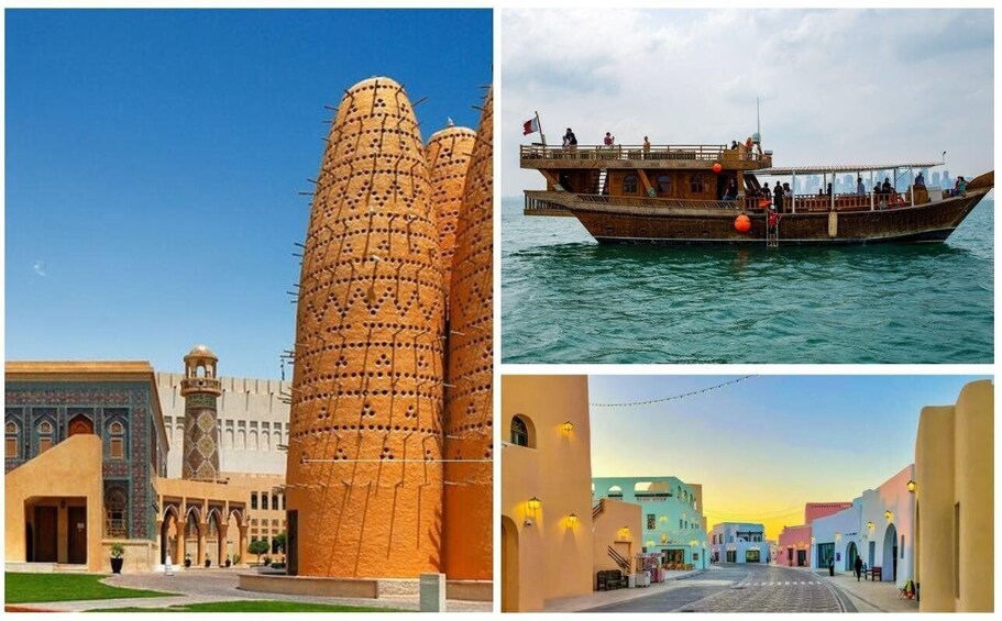 A traditional building, a boat on water, and a street with buildings. 1