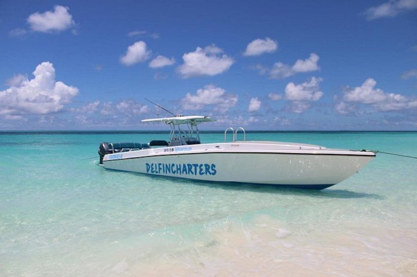Un bote llamado 'Delfincharters' sobre aguas turquesas cristalinas. 1