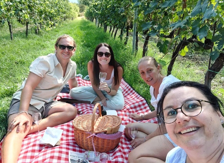 Three people sitting on a red and white checkered picnic blanket in a vineyard. 1