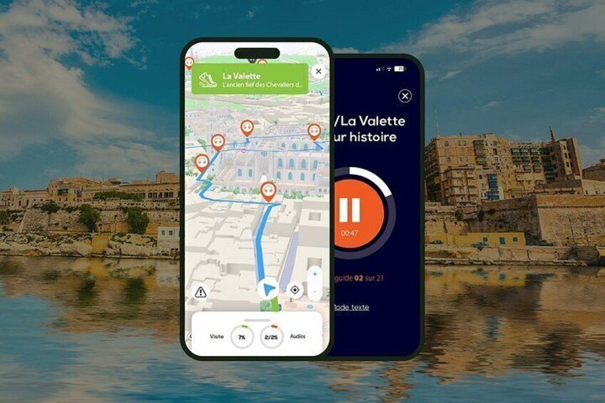 Un teléfono inteligente que muestra un mapa con un marcador de ubicación, un botón de reproducción y un n úmero de guía. 1