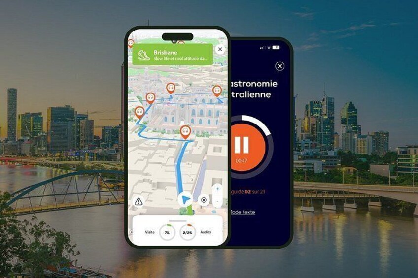 En smartphone som visar en karta med en stadsbild i bakgrunden. 1