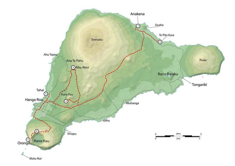 A topographic map of a volcanic island with marked towns and a red hiking trail. 3